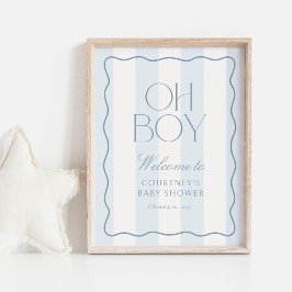 Dusty Blue Stripe Oh Boy Baby Shower Welcome Sign Poster