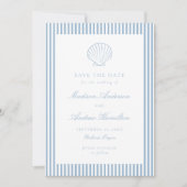Dusty Blue Stripe Shell Wedding Save the Date (Voorkant)