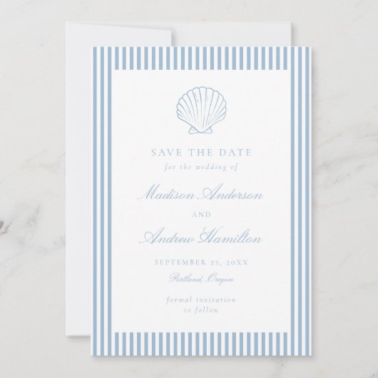 Dusty Blue Stripe Shell Wedding Save the Date (Voorkant)