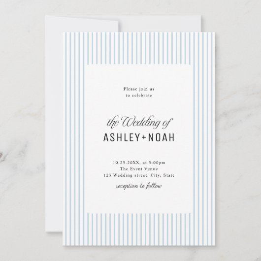 Dusty Blue Striped Elegance Classy Wedding Kaart (Voorkant)