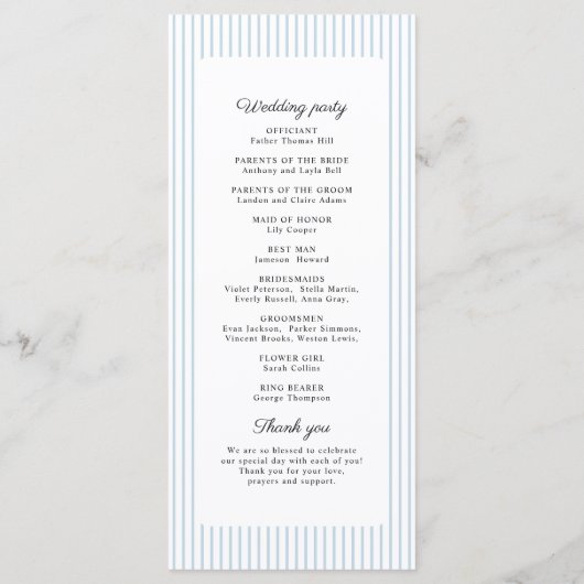 Dusty Blue Striped Elegance Classy Wedding Program Menu (Achterkant)