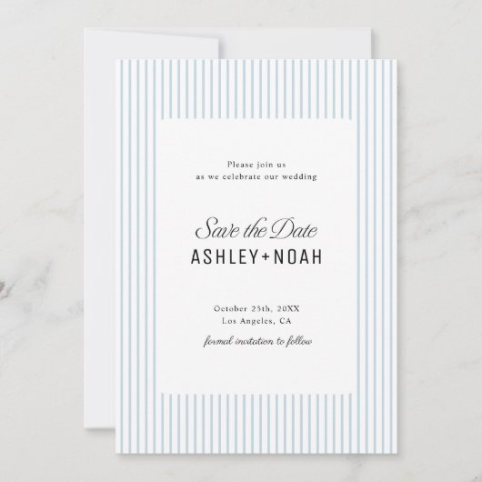 Dusty Blue Striped Elegance Classy Wedding Save The Date (Voorkant)
