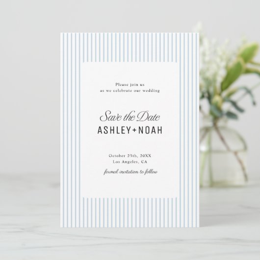 Dusty Blue Striped Elegance Classy Wedding Save The Date (Staand voorkant)