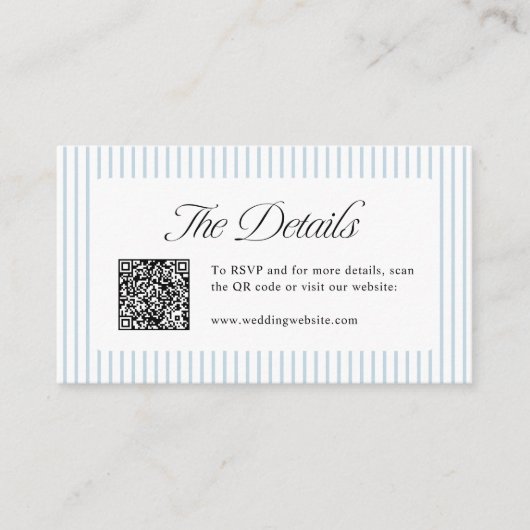 Dusty Blue Striped QR Code Classy Wedding Details Plaatskaartje (Voorkant)
