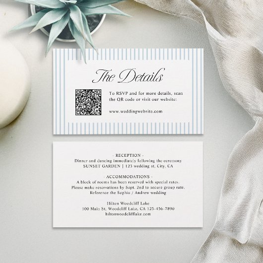 Dusty Blue Striped QR Code Classy Wedding Details Plaatskaartje
