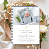 Dusty Blue Stripes Cross Photo Boy Baptisme Kaart