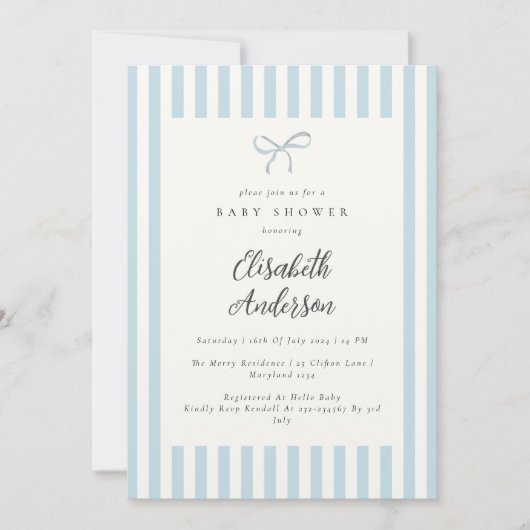 Dusty Blue Stripes Elegant  Boy Baby shower Kaart (Voorkant)