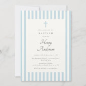 Dusty Blue Stripes Elegant Doop Jongen Uitnodigen Kaart (Voorkant)