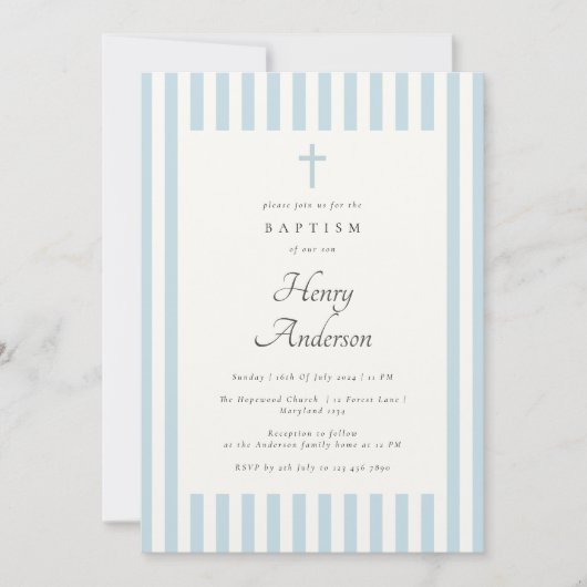 Dusty Blue Stripes Elegant Doop Jongen Uitnodigen Kaart (Voorkant)