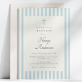 Dusty Blue Stripes Elegant Doop Jongen Uitnodigen Kaart