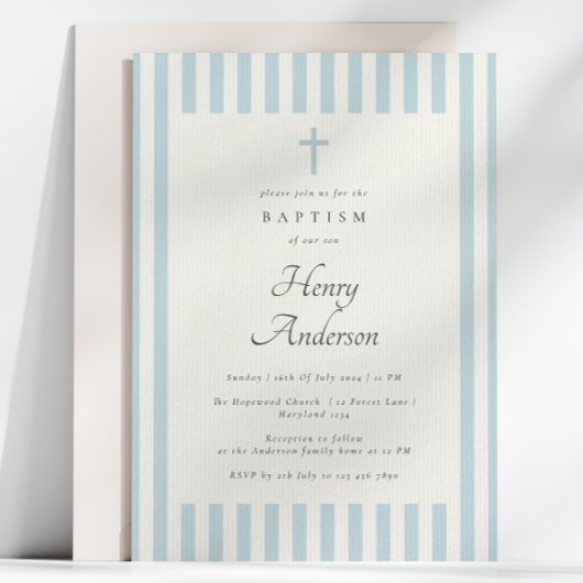 Dusty Blue Stripes Elegant Doop Jongen Uitnodigen Kaart