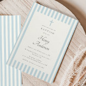 Dusty Blue Stripes Elegant Doop Jongen Uitnodigen Kaart