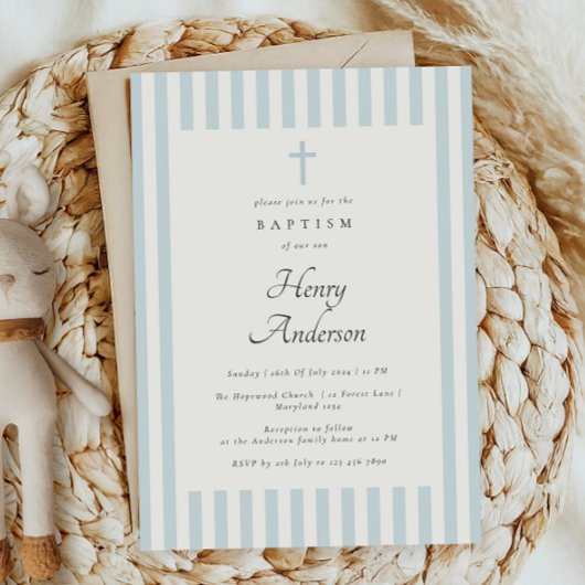 Dusty Blue Stripes Elegant Doop Jongen Uitnodigen Kaart