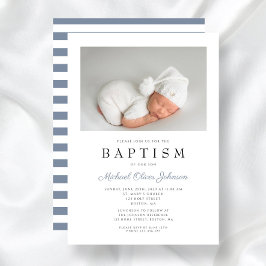 Dusty Blue Stripes Elegant Photo Boy Baptisme Kaart