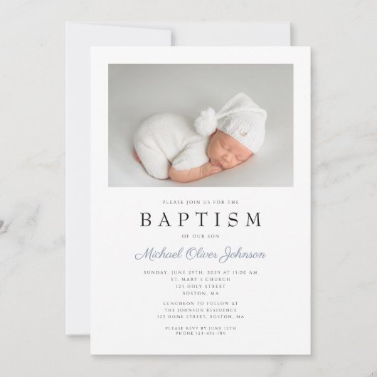 Dusty Blue Stripes Elegant Photo Boy Baptisme Kaart (Voorkant)