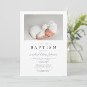 Dusty Blue Stripes Elegant Photo Boy Baptisme Kaart (Staand voorkant)