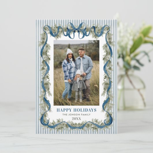 Dusty Blue Stripped Blue Bow Christmas 2 Photo Feestdagenkaart (Staand voorkant)