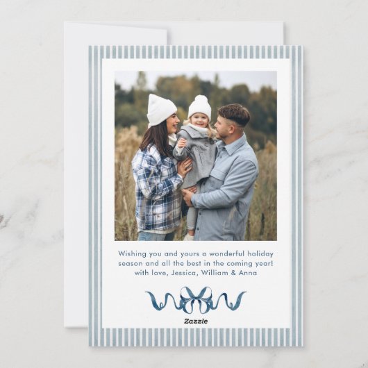 Dusty Blue Stripped Blue Bow Christmas 2 Photo Feestdagenkaart (Achterkant)