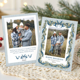 Dusty Blue Stripped Blue Bow Christmas 2 Photo Feestdagenkaart