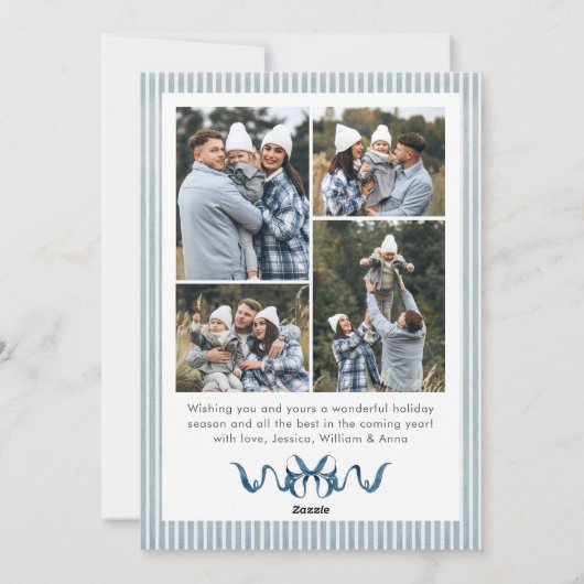 Dusty Blue Stripped Blue Bow Christmas 5 Photo Feestdagenkaart (Achterkant)