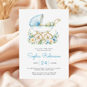 Dusty Blue Stroller Floral Baby shower Kaart