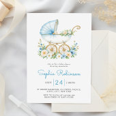 Dusty Blue Stroller Floral Baby shower Kaart