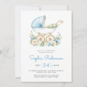 Dusty Blue Stroller Floral Baby shower Kaart (Voorkant)