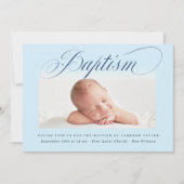 Dusty Blue Subtle Cross Script Baptisme Photo Boy Kaart (Voorkant)