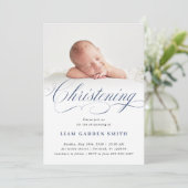 Dusty Blue Subtle Cross Script Christening Boy Kaart (Staand voorkant)