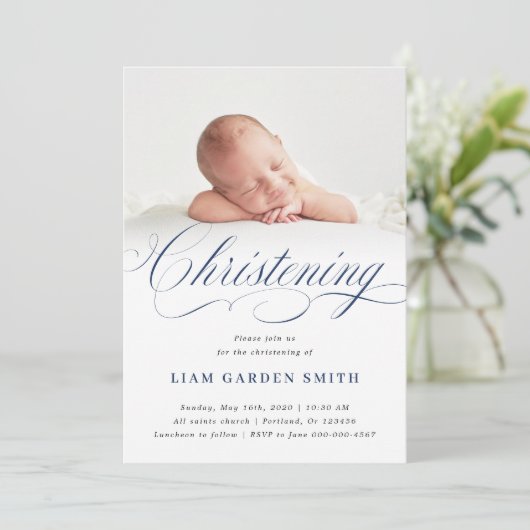 Dusty Blue Subtle Cross Script Christening Boy Kaart (Staand voorkant)