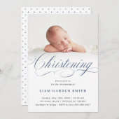 Dusty Blue Subtle Cross Script Christening Boy Kaart (Voorkant / Achterkant)