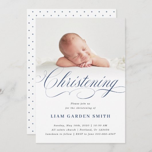 Dusty Blue Subtle Cross Script Christening Boy Kaart (Voorkant / Achterkant)