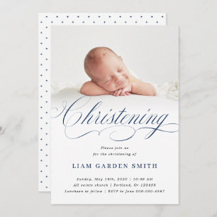 Dusty Blue Subtle Cross Script Christening Boy Kaart