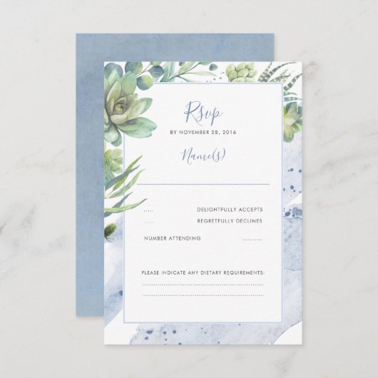 Dusty Blue Succulenten Groen Bruiloft RSVP (Voorkant / Achterkant)