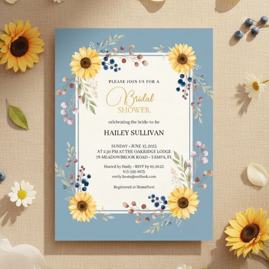 Dusty Blue Sunflower Bridal Shower Gold Frame Kaart