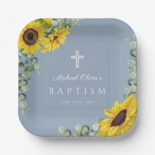 Dusty Blue Sunflower Eucalyptus Religious Baptisme Papieren Bordje