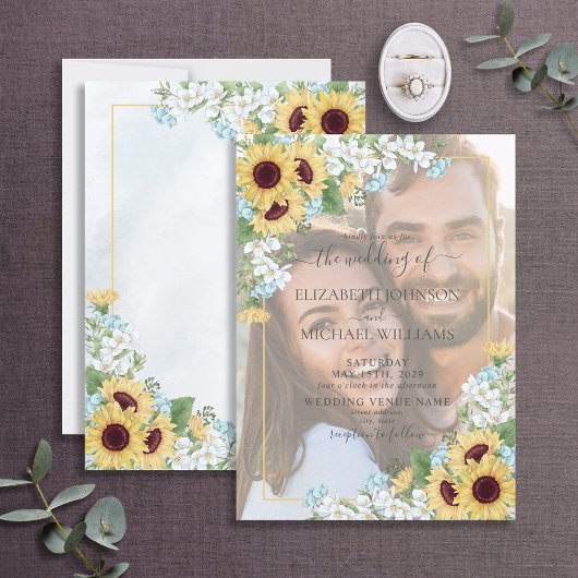 Dusty Blue Sunflower Vellum Overlay Foto Weddensch Kaart