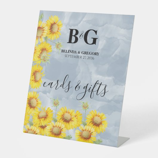 Dusty Blue Sunflower Weddenskaarten & cadeaus Reclamebord Met Voetstuk (Voorkant)