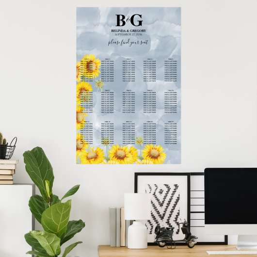 Dusty Blue Sunflower Wedding Seating Chart Poster (Thuiskantoor)