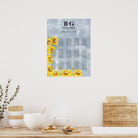 Dusty Blue Sunflower Wedding Seating Chart Poster (Keuken)
