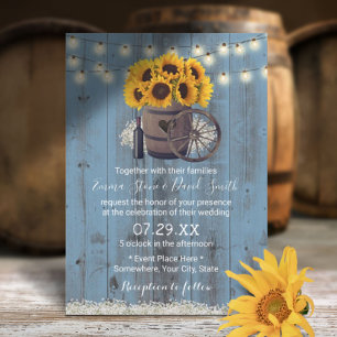 Dusty Blue Sunflower Wood Barrel Rustic Wedding Kaart