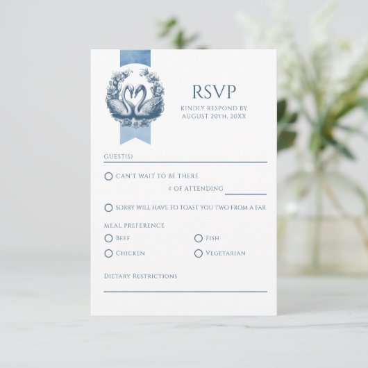 Dusty Blue Swan Wedding RSVP Kaart (Staand voorkant)