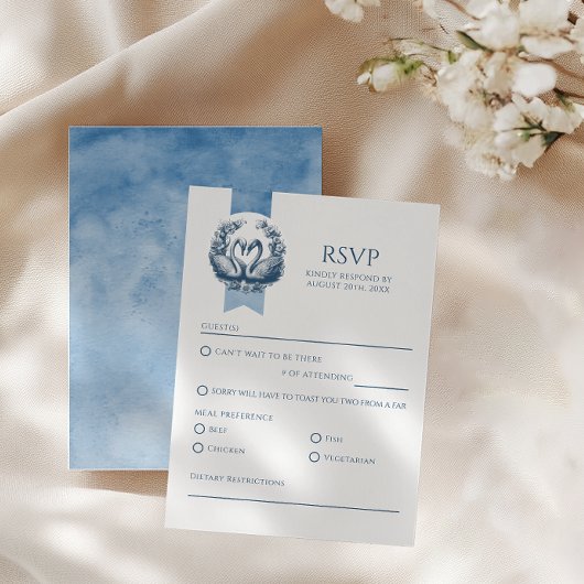 Dusty Blue Swan Wedding RSVP Kaart