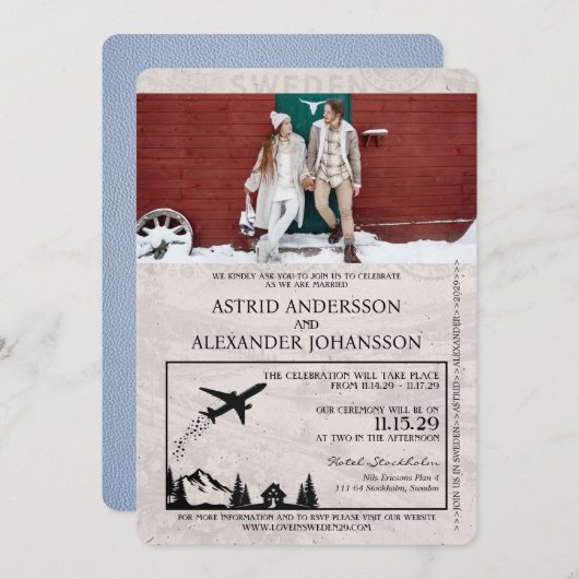 Dusty Blue Sweden Passport Wedding Invitation Kaart (Voorkant / Achterkant)