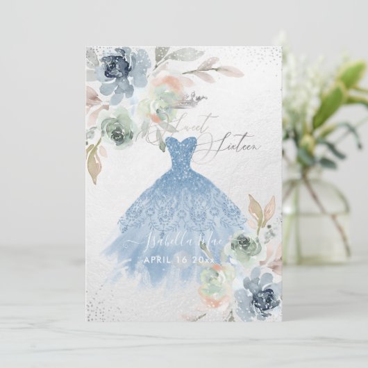 Dusty Blue Sweet Sixteen Dress Waterverf Flowers Kaart (Staand voorkant)