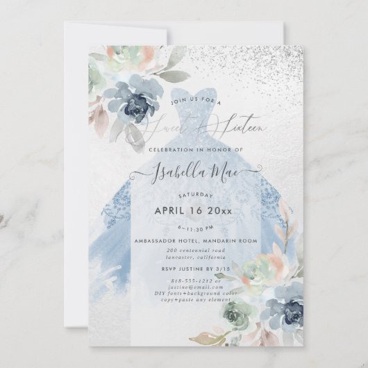 Dusty Blue Sweet Sixteen Dress Waterverf Flowers Kaart (Achterkant)