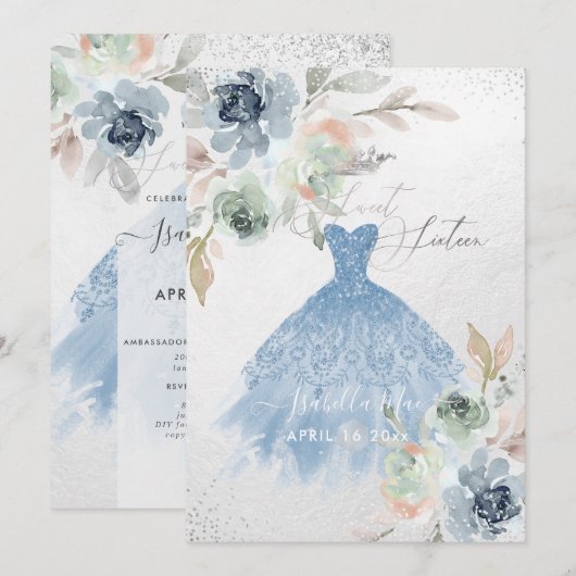 Dusty Blue Sweet Sixteen Dress Waterverf Flowers Kaart (Voorkant / Achterkant)