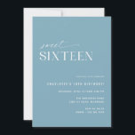 Dusty Blue Sweet Sixteen | Eenvoudige 16e verjaard Kaart<br><div class="desc">Elegante en moderne uitnodigingen voor 16e verjaardagsfeestjes met een off-center design. Luchtige blauwe kleur met een leuk "16" patroon op de achterkant. (Het omgekeerde zijpatroon kan,  indien gewenst,  door het ontwerphulpmiddel worden verwijderd.)</div>