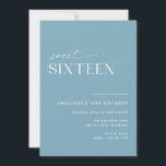 Dusty Blue Sweet Sixteen | Eenvoudige 16e verjaard Kaart<br><div class="desc">Elegante en moderne uitnodigingen voor 16e verjaardagsfeestjes met een off-center design. Luchtige blauwe kleur met een leuk "16" patroon op de achterkant. (Het omgekeerde zijpatroon kan,  indien gewenst,  door het ontwerphulpmiddel worden verwijderd.)</div>