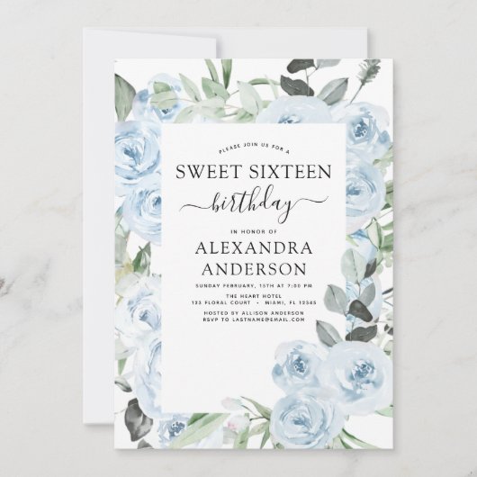 Dusty Blue Sweet Zestien Verjaardagsfeestuitnodigi Kaart (Voorkant)